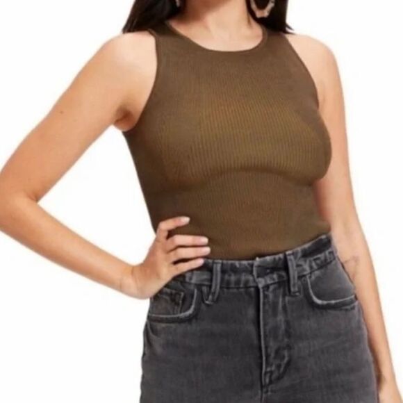 NEW Good American Angled Rib High Neck Thong Bodysuit in FOG001 - Size 1 (Small) - Picture 2 of 7